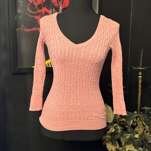 Heritage Pink Cable Knit V-Neck Sweater